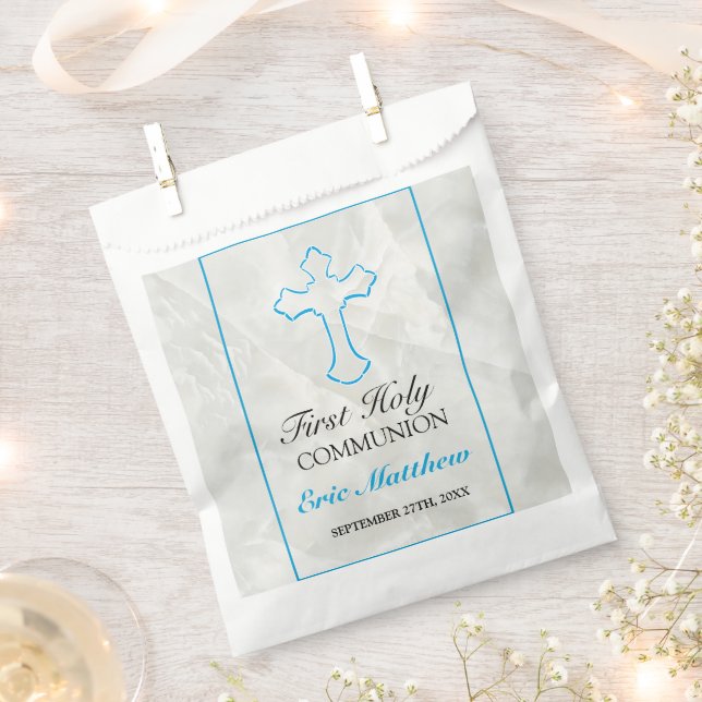 Sachets En Papier Elégante Croix Bleue Première Communion avec marbr (Coupé)