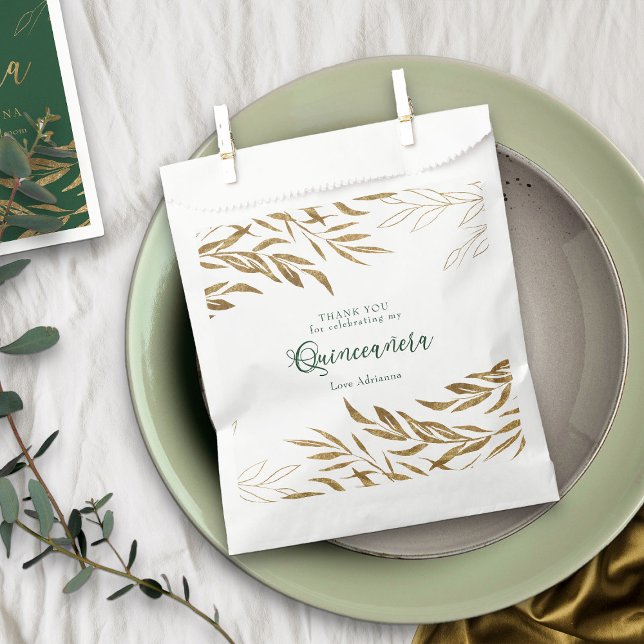 Sachets En Papier Elégante feuille d'or Emerald Green Quinceanera (Emerald Green Quinceanera favor bags from my Gold Leaf Quinceanera Collection)