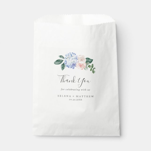 Sachets En Papier Elégante Hydrangée Bleue | Mariage Merci blanc (Devant)
