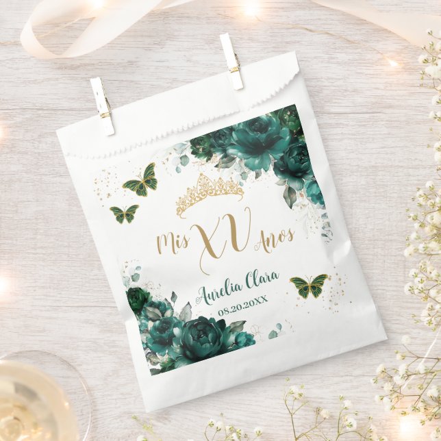 Sachets En Papier Émeraude Vert Floral Quinceanera Papillons Dorés (Coupé)