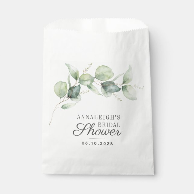 Sachets En Papier Eucalyptus Botanique Vert Script Baptême de Mariée (Devant)
