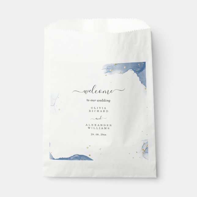 Sachets En Papier Faire-part de mariage élégant bleu et or minimalis (Devant)