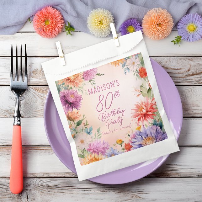 Sachets En Papier Fête d'anniversaire 80 ans Boho Aster Fleurs Flora (Boho Aster Flowers Floral 80th Birthday Party Favor Bag)