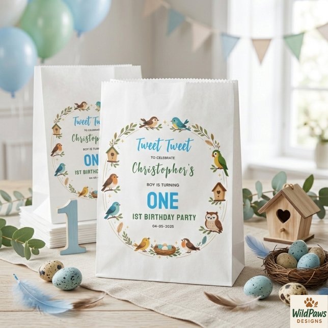 Sachets En Papier Fête d'anniversaire de 1 an des oiseaux mignons –  (Cute Birds 1st Birthday Party – Fun Kids Favor Bag
)