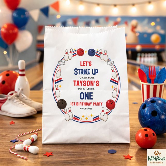 Sachets En Papier Fête d'anniversaire de Retro Bowling 1ère année –  (Retro Bowling 1st Birthday Party – Fun Kids Favor Bag
)
