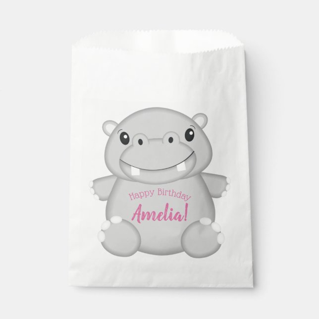 Sachets En Papier Fête d'anniversaire d'Hippopotame Rose (Devant)