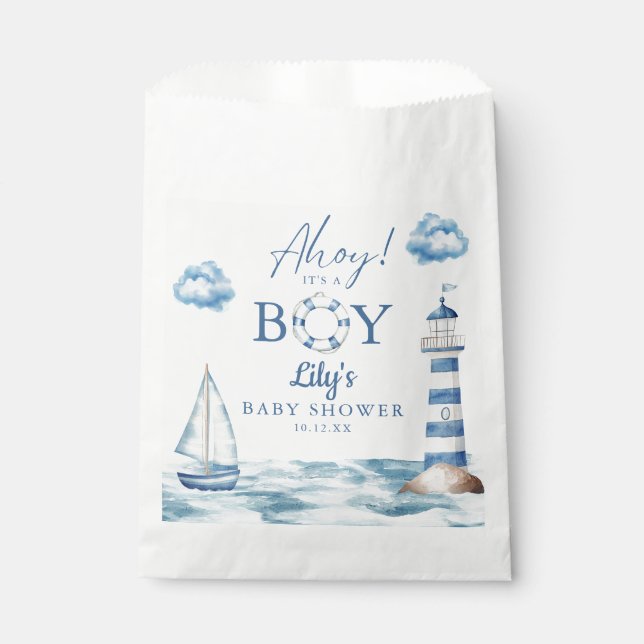Sachets En Papier Fête de bébé garçon nautique 'Ahoy c'est un garçon (Devant)