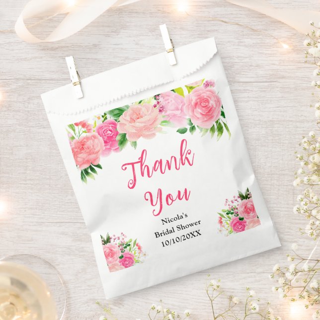 Sachets En Papier Fête de mariage avec des roses roses et du feuilla (Coupé)
