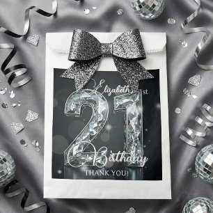 Sachets En Papier Fête des 21 ans Argent Diamants Glam Noir Merci