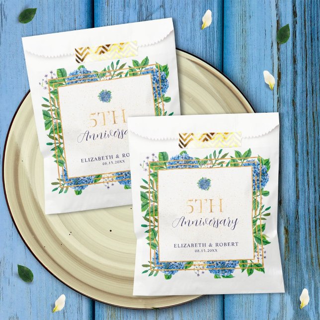 Sachets En Papier Fête du 5e Anniversaire Hydrangea Bleu Or Élégant (Créateur téléchargé)