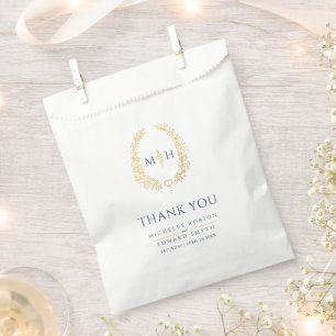 Sachets En Papier Feuille d'or bleu ovale couronne art mariage merci