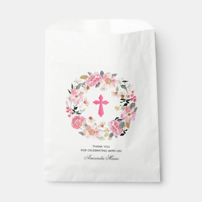 Sachets En Papier Fille première communion aquarelle rose floral (Devant)