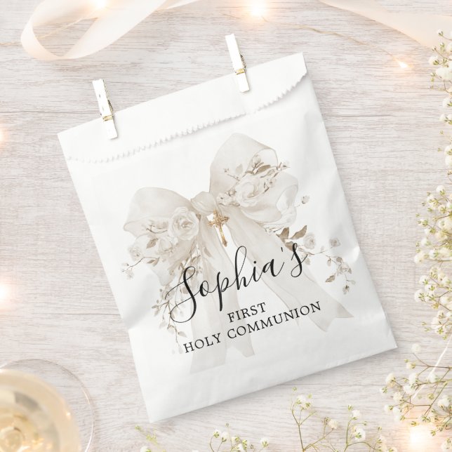 Sachets En Papier First Communion Girl White Bow Roses Thank You (Coupé)
