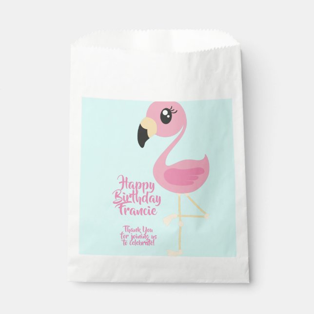 Sachets En Papier Flamant rose rose Fille tropicale 1er anniversaire (Devant)