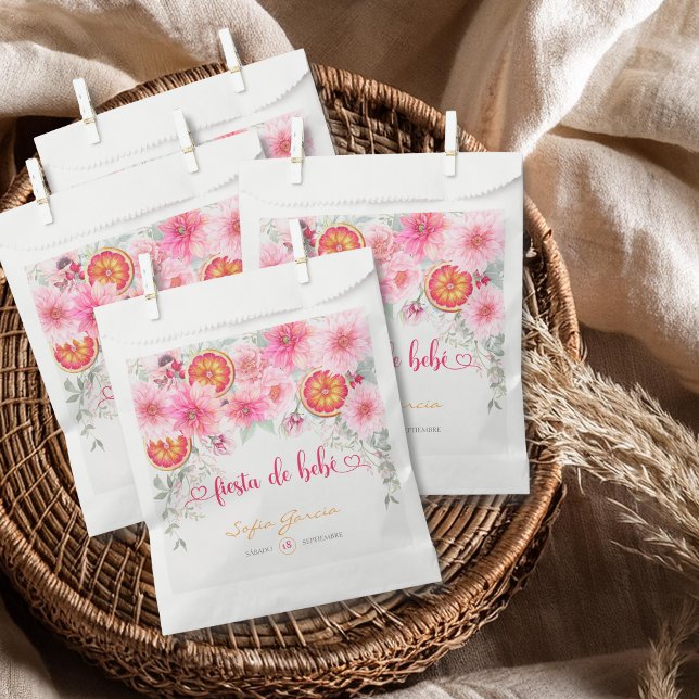 Sachets En Papier Fleurs Aquarelle Rose Citron Fête Prénatale Espagn (Citrus and pink watercolor flowers baby shower favor bags, party favors, girl baby shower)