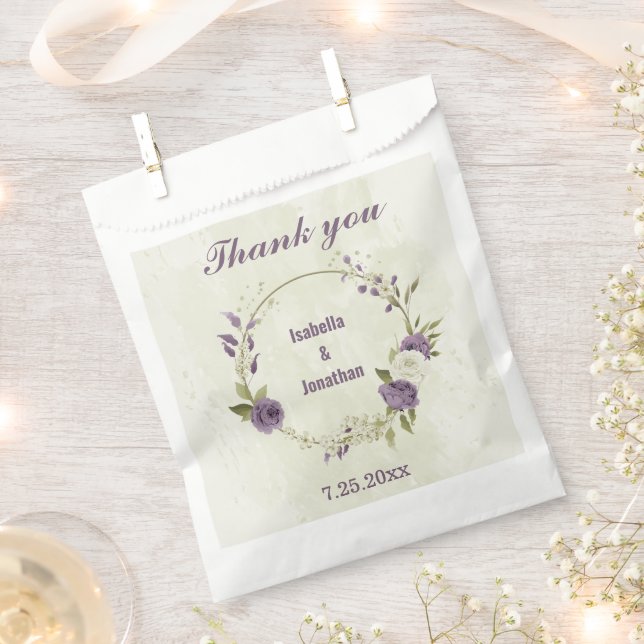 Sachets En Papier fleurs blanches mauves verdure mariage (Coupé)