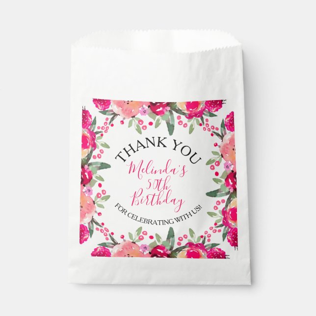 Sachets En Papier Fleurs botaniques aquarelle rose vif pour annivers (Devant)