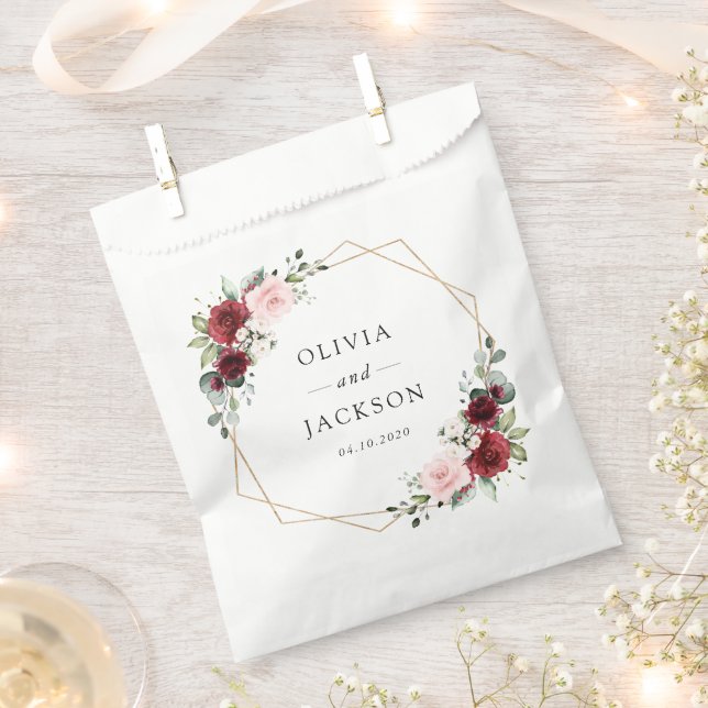 Sachets En Papier Fleurs Bourgogne, Fleurs roses, Verdure, Mariage (Coupé)