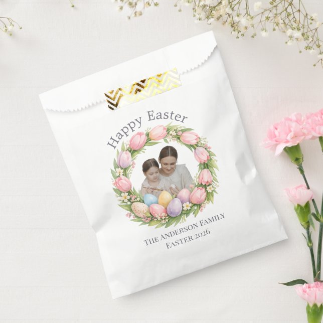 Sachets En Papier Floral Wreath & Family Photo Personalized Easter  (Scellé)