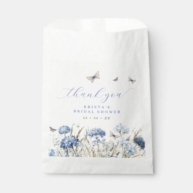 Sachets En Papier Florales bleues et papillons Merci Fête des mariée (Devant)