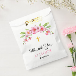 Sachets En Papier Floraux roses et croix d'or baptême fille Merci