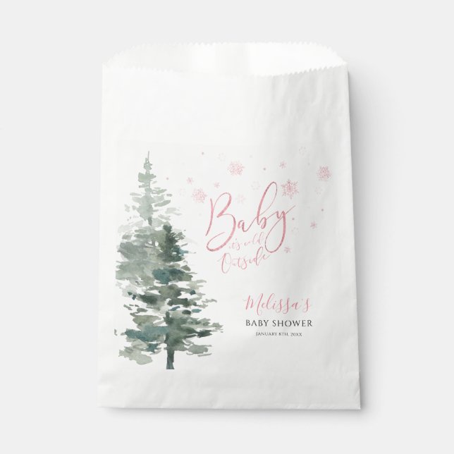 Sachets En Papier Forêt d'hiver rose Il fait froid dehors Baby showe (Devant)
