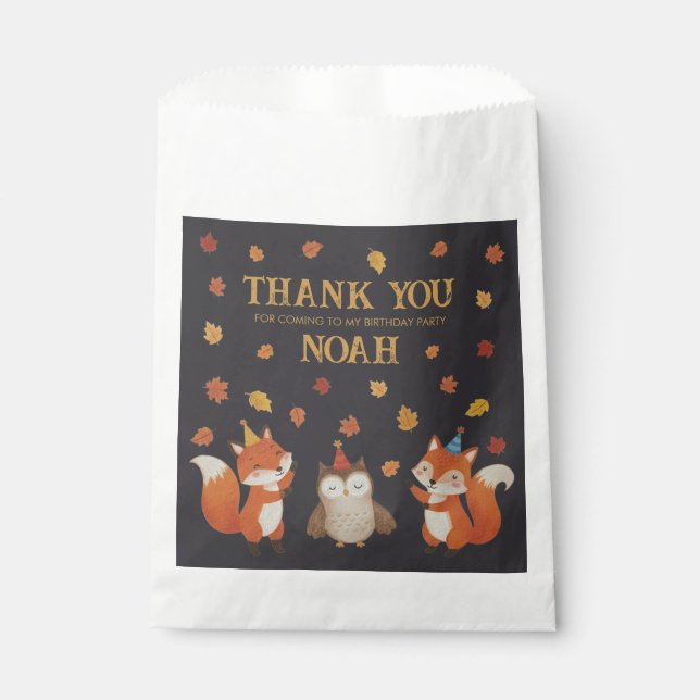 Sachets En Papier Foxes and Owl Woodland Fall Kids Birthday Party (Devant)