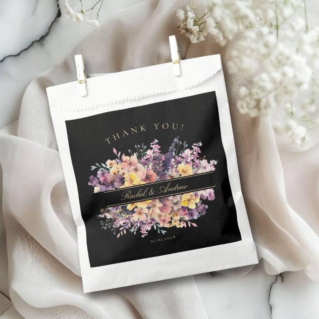 Sachets En Papier Fresque, Bouquet fleur sauvage, écriture manuscrit (Customer-Specific "Thank you!" Wedding Favor Bag with a wild-flower bouquet & scripted font.)