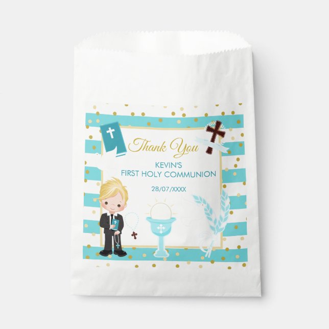 Sachets En Papier Garçon Blond Rayure Bleue Première Communion (Devant)