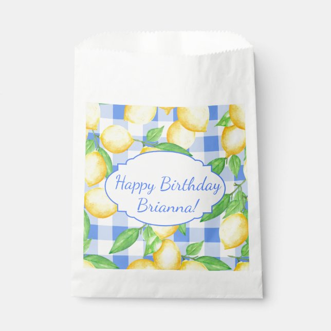 Sachets En Papier Gingham Blanc Bleu Citron Personnalisé (Devant)