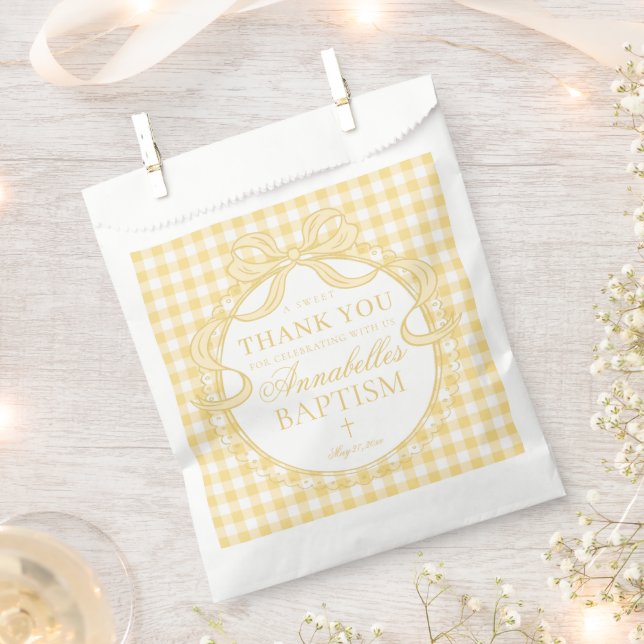 Sachets En Papier Gingham Jaune Coquette Nœud Dessert Baptême (Coupé)