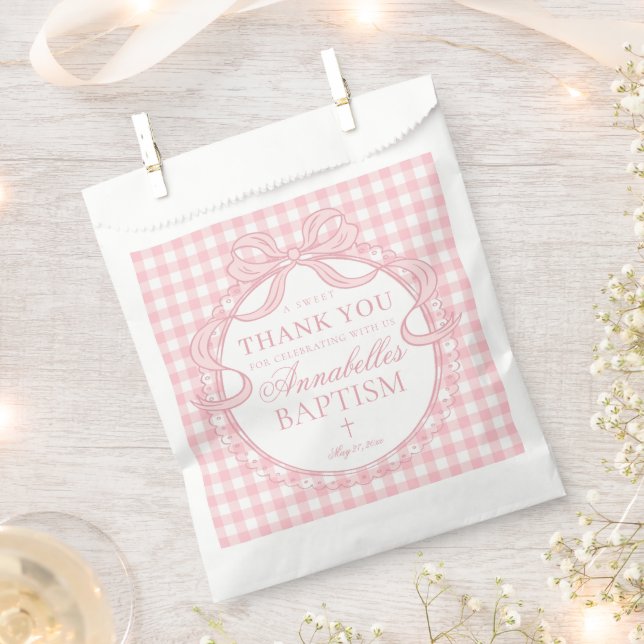 Sachets En Papier Gingham Rose Coquette Nœud Papillon Dessert Baptêm (Coupé)