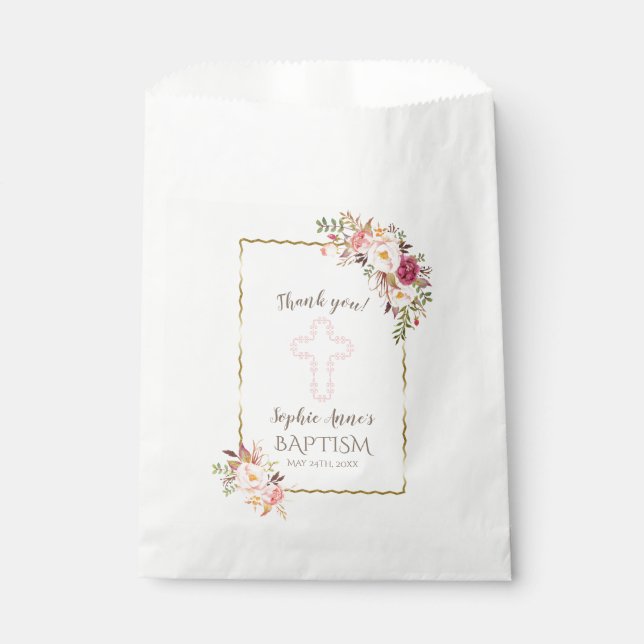 Sachets En Papier Glam Gold Blush Floral Baptism Merci (Devant)