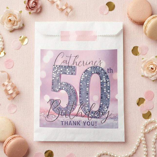 Sachets En Papier Glam Pink Silver Glitter 50th Birthday Thank You (Créateur téléchargé)