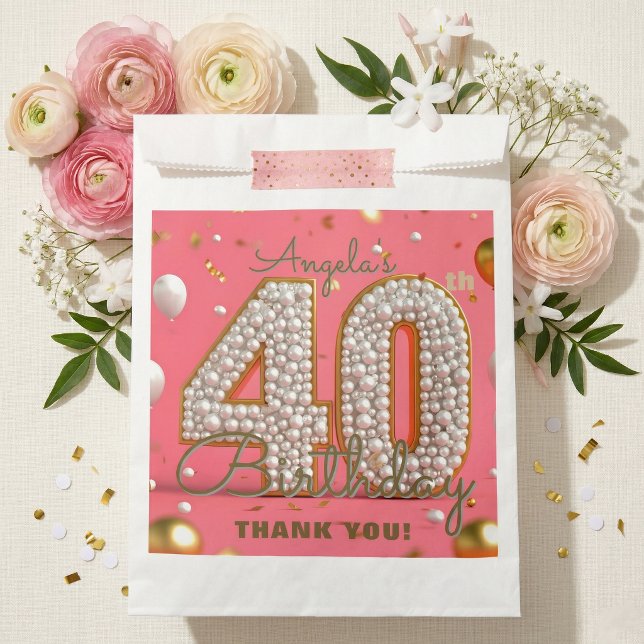 Sachets En Papier Glamorous Pink Pearl Gold 40th Birthday Thank You (Créateur téléchargé)