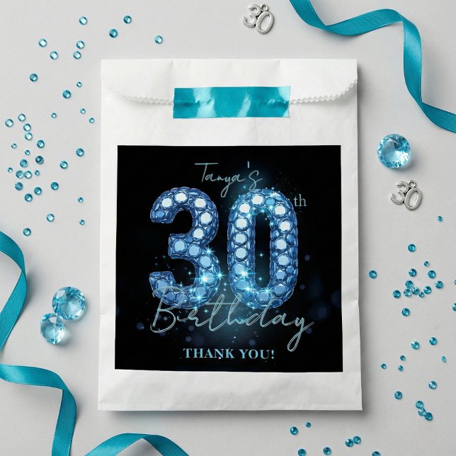 Sachets En Papier Glamorous Teal Blue Black Diamond 30th Birthday (Créateur téléchargé)
