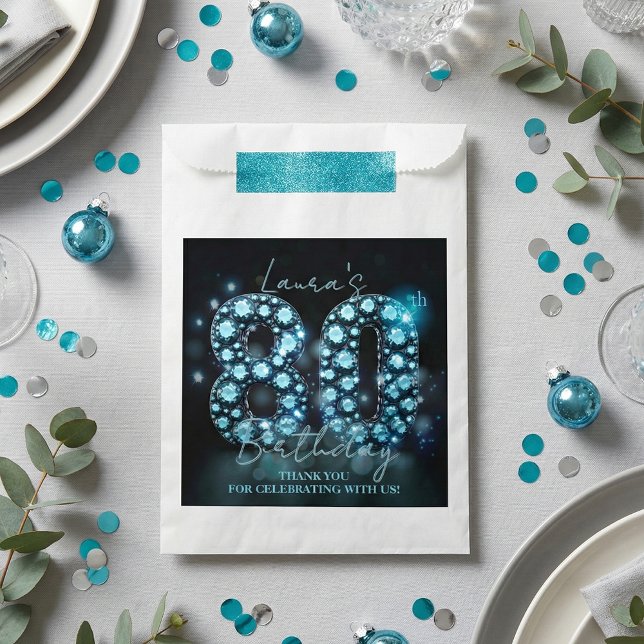 Sachets En Papier Glamorous Teal Blue Diamonds Black 80th Birthday (Créateur téléchargé)