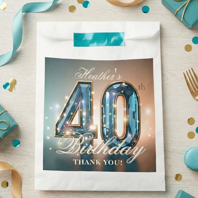 Sachets En Papier Glamorous Teal Blue Faceted Gemstone 40th Birthday (Créateur téléchargé)