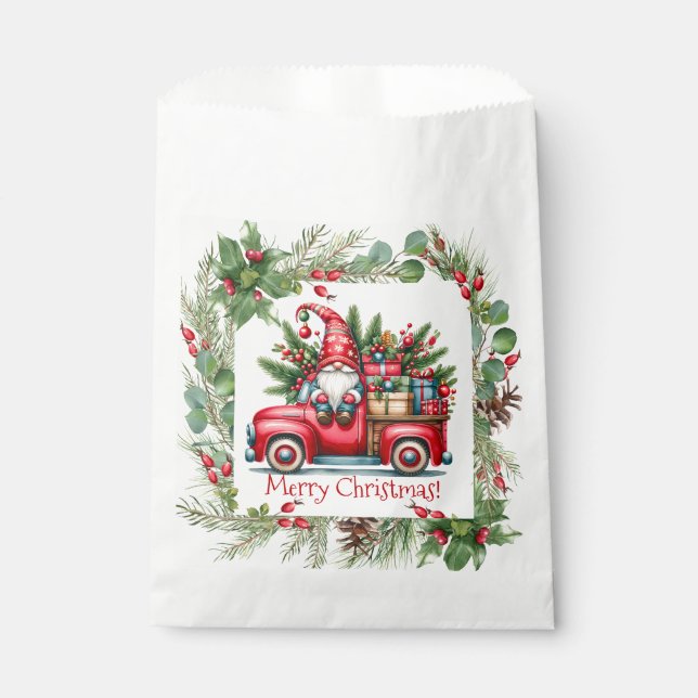 Sachets En Papier Gnome en Camion Rouge rempli de cadeaux (Devant)