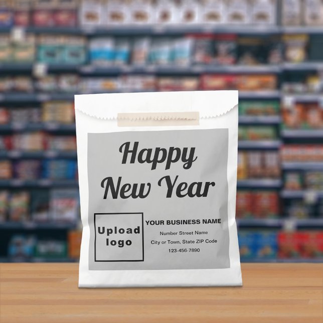 Sachets En Papier Gris Marque d'affaires, Sac à papier de nouvelle a (Gray business brand with New Year greeting on paper bag)