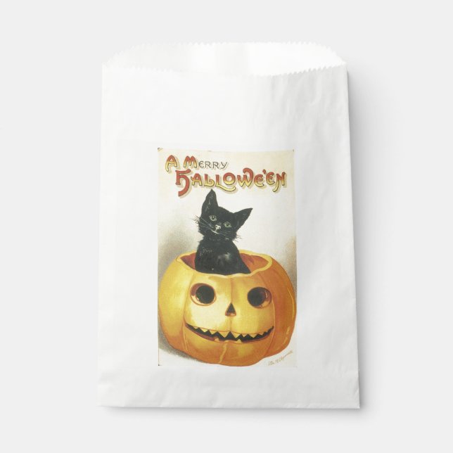 Sachets En Papier Halloween à l'ancienne, chat noir sur Citrouille (Devant)