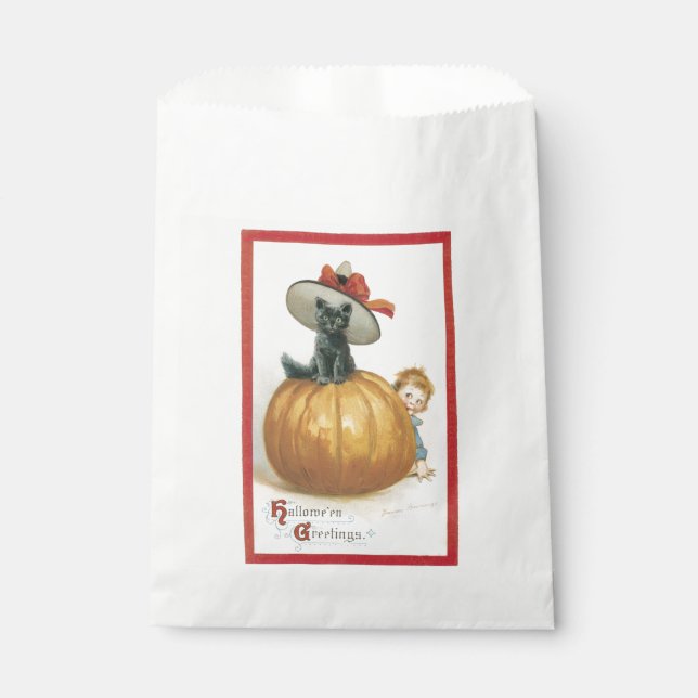 Sachets En Papier Halloween à l'ancienne, sorcière chat (Devant)