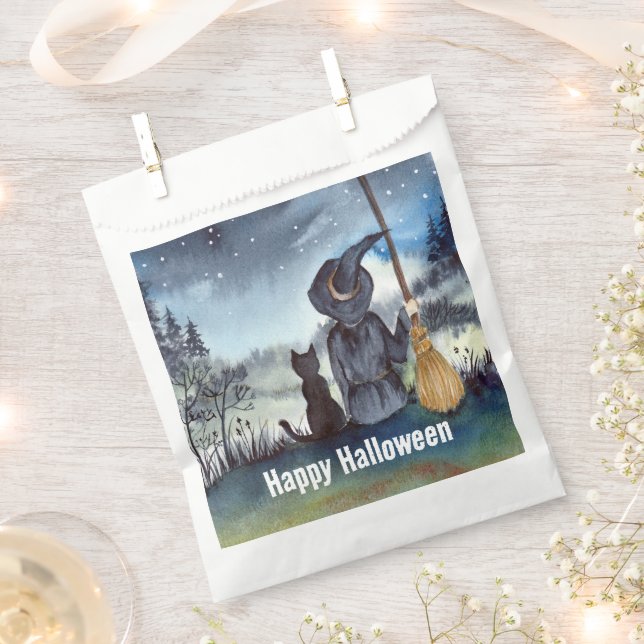 Sachets En Papier Halloween Chat noir et la Sorcière étoile nuit (Coupé)