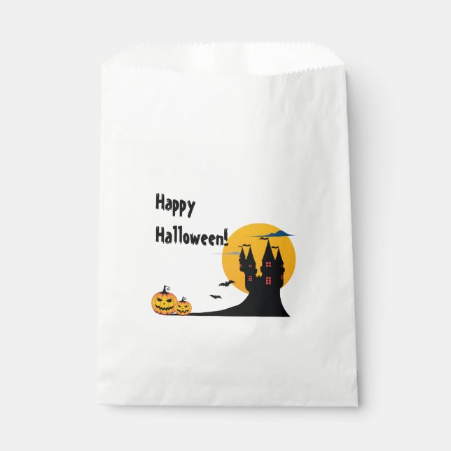 Sachets En Papier Halloween - Château, Pleine lune, chauves-souris e (Devant)