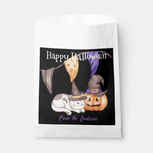 Sachets En Papier Halloween heureux et personnalisé | CAT & CITROUIL (Devant)