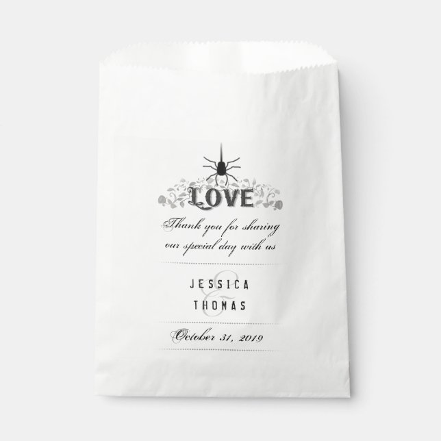 Sachets En Papier Halloween Noir Blanc Gothique AMOUR Noms Mariages (Devant)