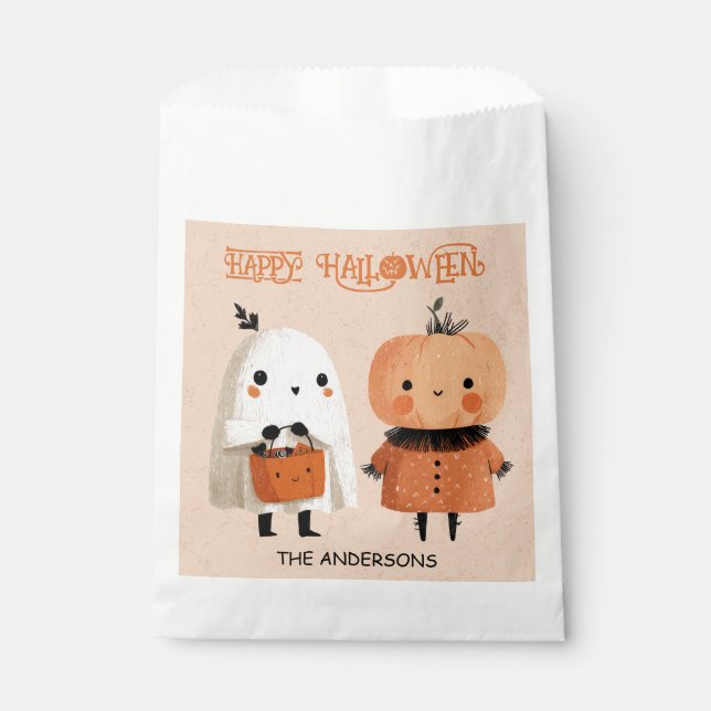 Sachets En Papier Halloween Whimsical Cute Ghost & Citrouille Aquare (Devant)