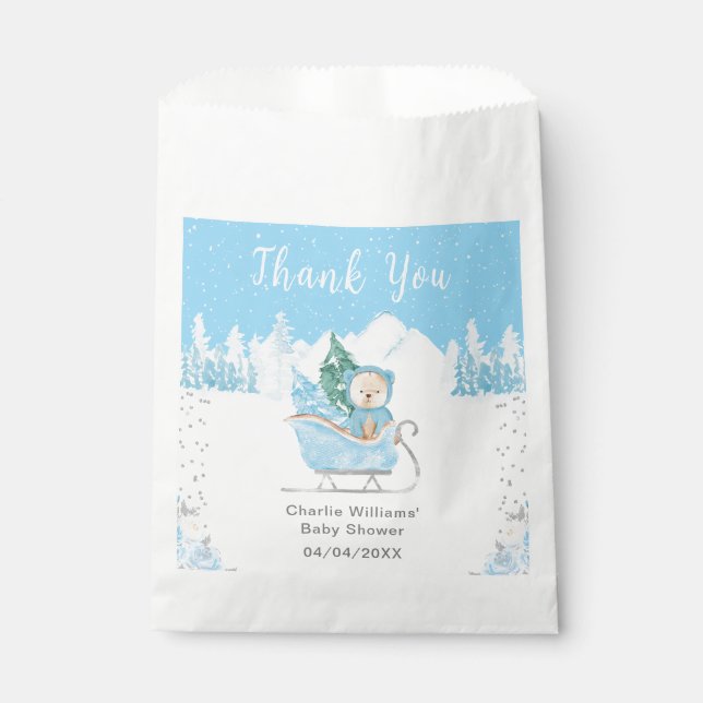 Sachets En Papier Hiver Ours Bleu Baby shower coudre Merci (Devant)