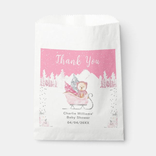 Sachets En Papier Hiver Ours rose Baby shower de traîneau Merci (Devant)