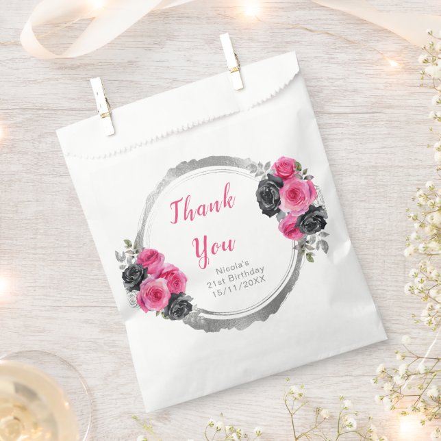 Sachets En Papier Hot Pink and Silver Elegant Flowers Birthday Party (Coupé)
